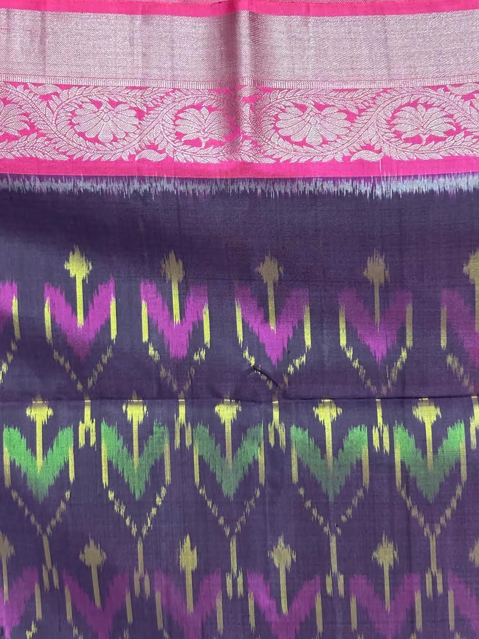 PURE SOFT SILK SAREE CHOCOLATE AND PINK WITH ALLOVER IKKAT DESIGN WEAVES IN BORDER AND PALLU KANCHI STYLE - pochampallysarees.com