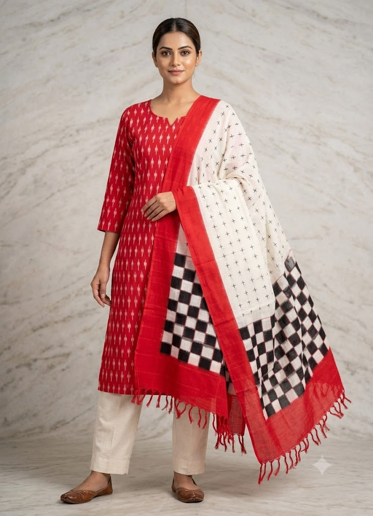 Handloom & Traditional: Handcrafted Crimson Red Double Ikat Cotton Suit Set with Off-White Checker Dupatta d4