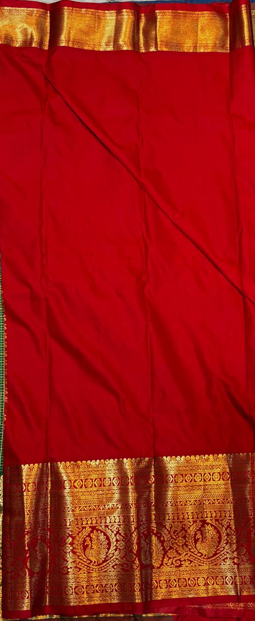 Bottle Green & Crimson Red Semi Dharmavaram Silk Saree with Zari Checks and Brocade Pallu