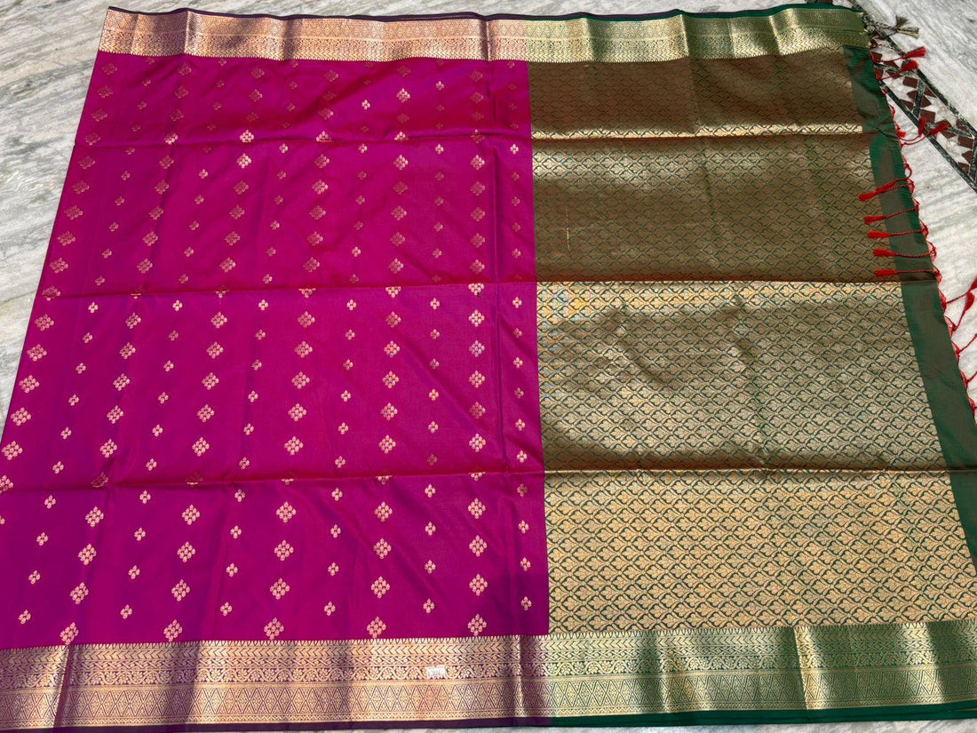 Pure Dharmavaram Silk Saree - Magenta Pink & Green with Gold Zari - pochampallysarees.com