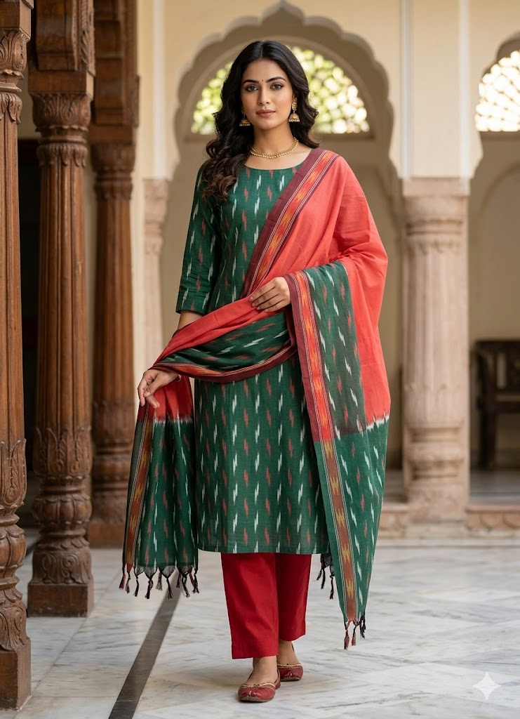Pure Handloom Ikat Dark Green and Red Unstitched Suit Set