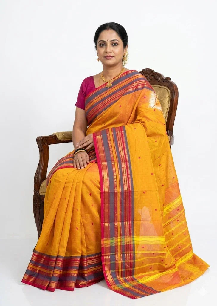 NARAYANPET COTTON SAREE YELLOW BUTTI BODY BUTTA GANGA JAMUNA BORDER - pochampallysarees.com