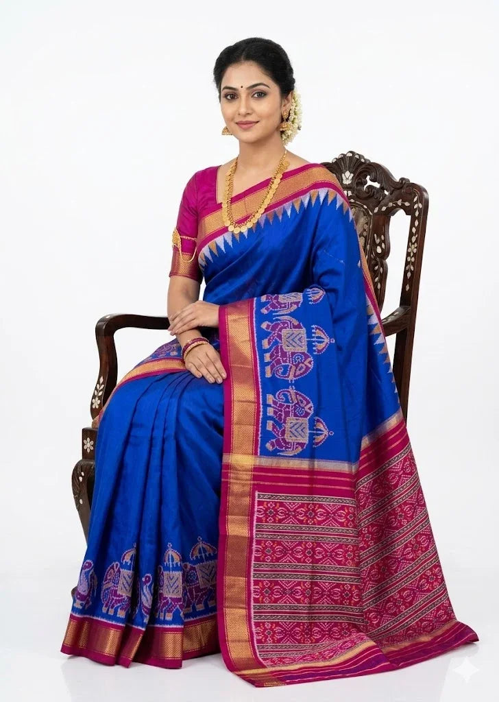 Royal Blue Traditional Silk Saree with Pink Zari Border & Elephant Motifs - pochampallysarees.com