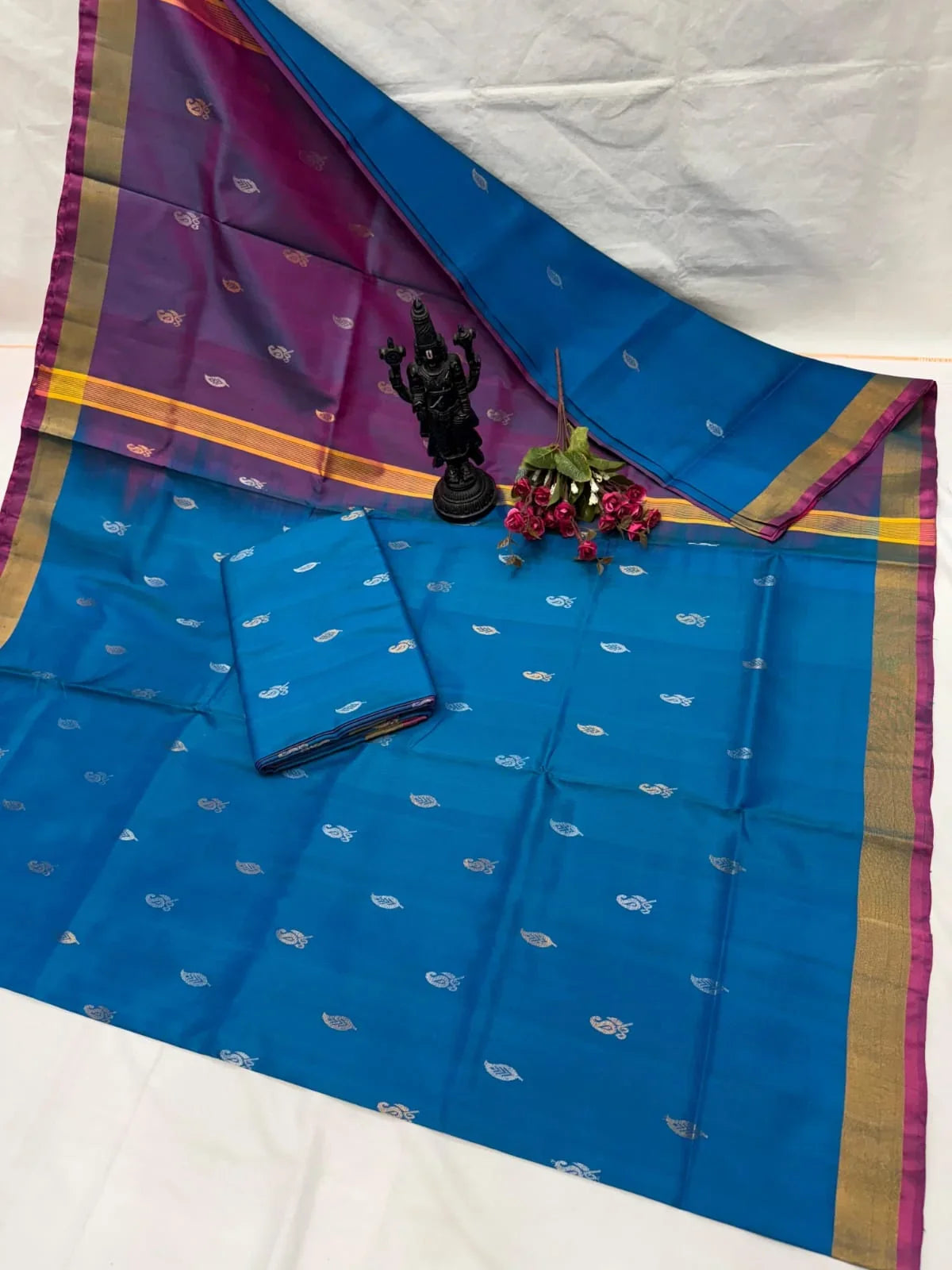 Cerulean Blue and Deep Purple Uppada Pattu Silk Saree with Zari Buttas - pochampallysarees.com