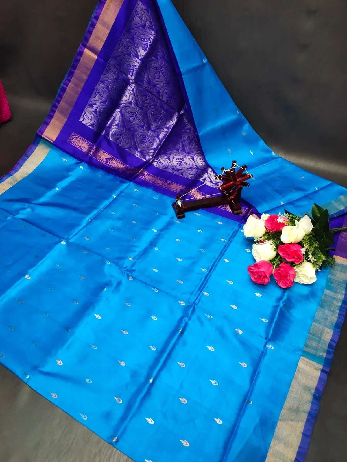 Sky Blue and Royal Blue Uppada Pattu Silk Saree with Zari Motifs - pochampallysarees.com