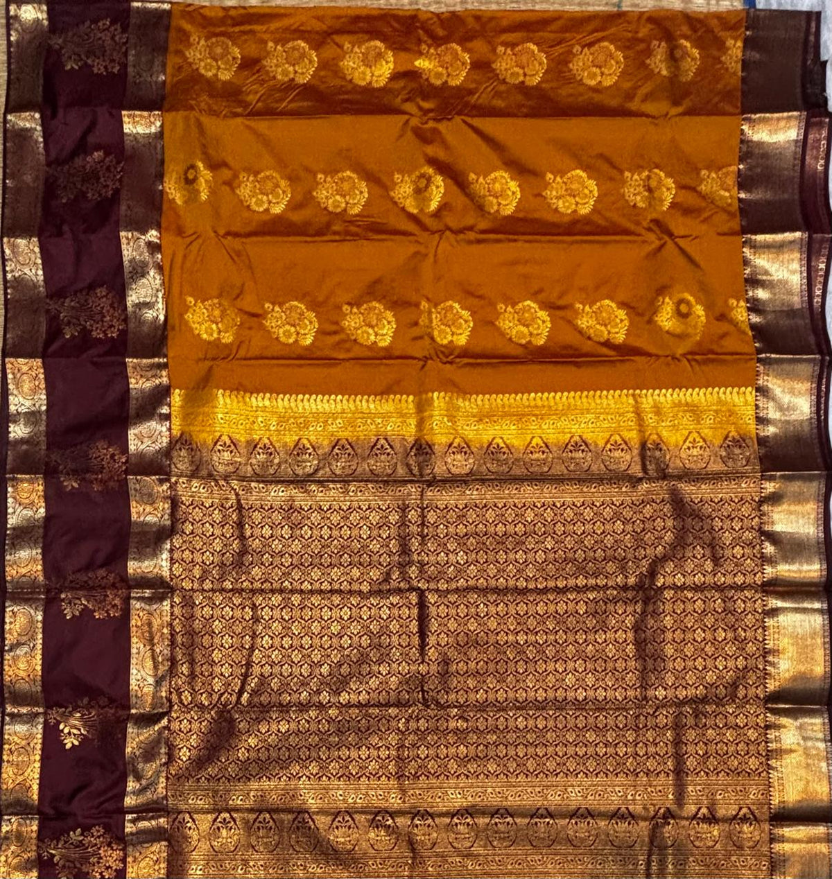 Semi Dharmavaram Silk Saree in Mustard Yellow and Deep Maroon with Gold Zari