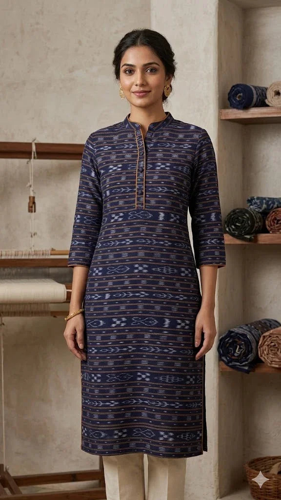 Navy Blue Sambalpuri Ikat Running Fabric – Authentic Odisha Handloom Cotton - pochampallysarees.com