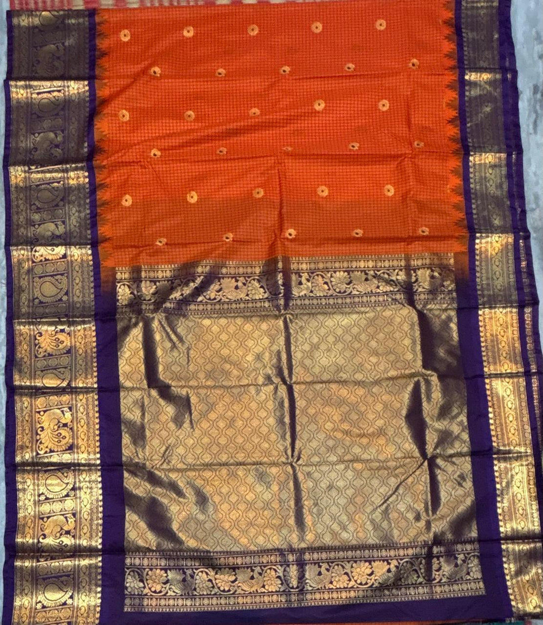 Traditional Burnt Orange & Chocolate Brown Silk Saree with Antique Zari Work - pochampallysarees.com