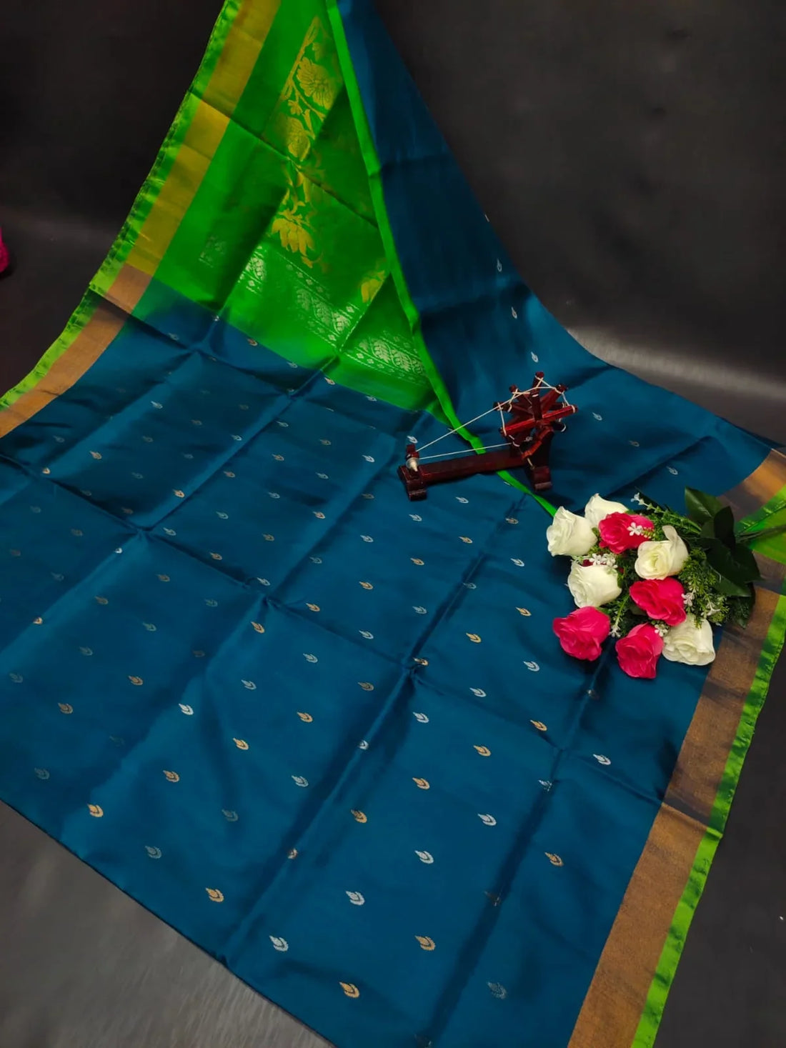 Teal Blue and Parrot Green Uppada Pattu Silk Saree with Zari Motifs - pochampallysarees.com