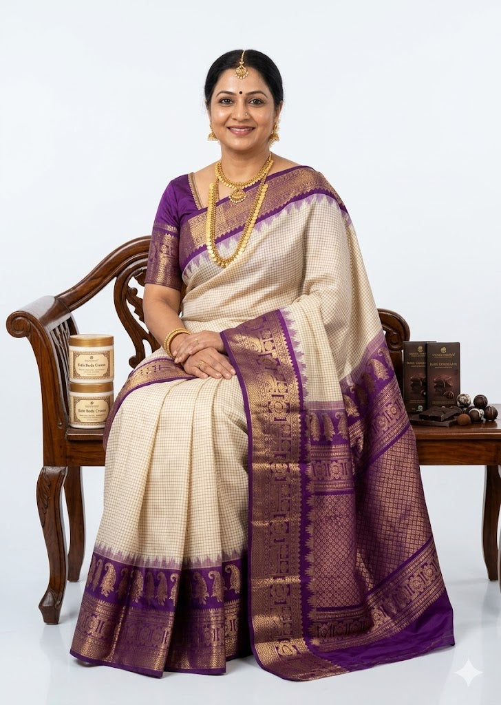 Traditional Cream & Purple Gadwal Silk Saree Combo with Premium Body Cream & Chocolates