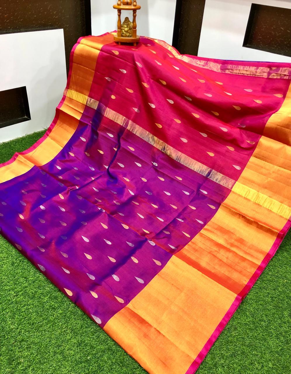 Elegant Deep Purple Uppada Pattu Saree with Gold Zari Motifs - pochampallysarees.com