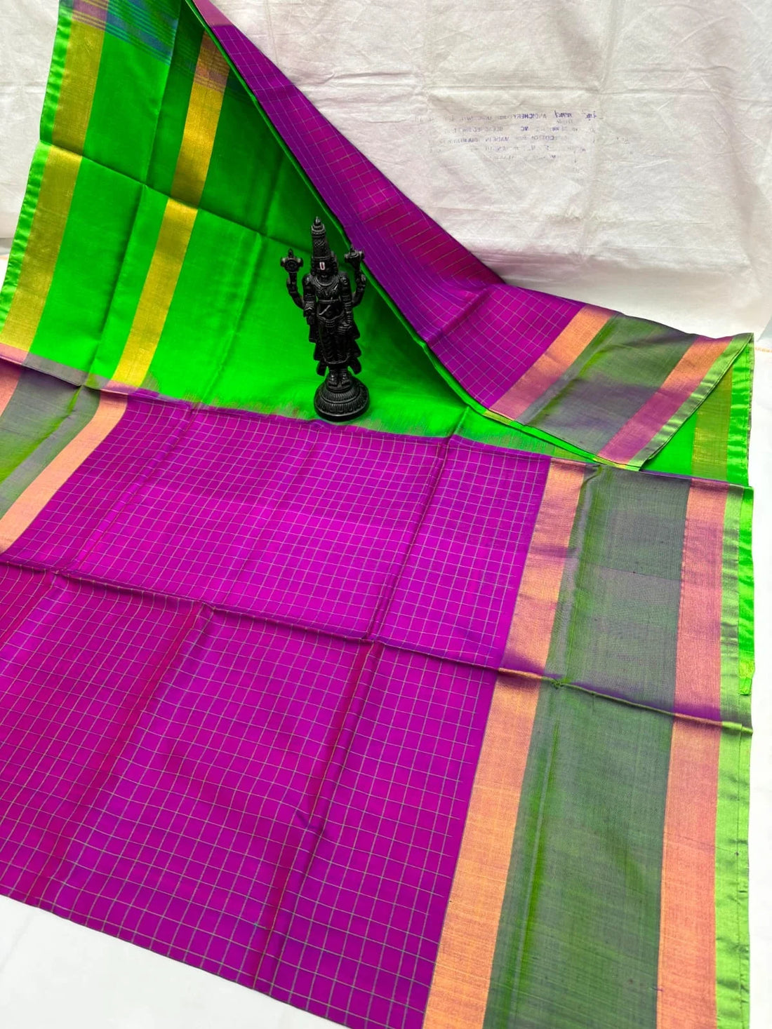 Vibrant Parrot Green & Magenta Checkered Uppada Pattu Saree - pochampallysarees.com