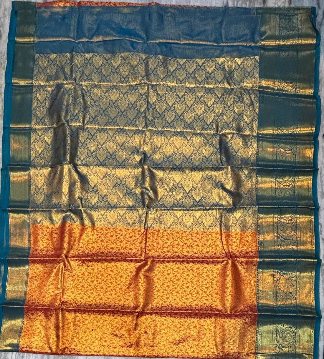 Dharmavaram Pattu Silk Saree Orange Blue - pochampallysarees.com