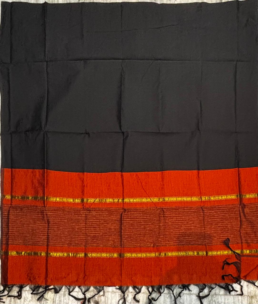 Pochampally Ikkat Poly Cotton Unstitched Dress Material with Borderless Dupatta (3-Piece Set - Red-Rust & Black)