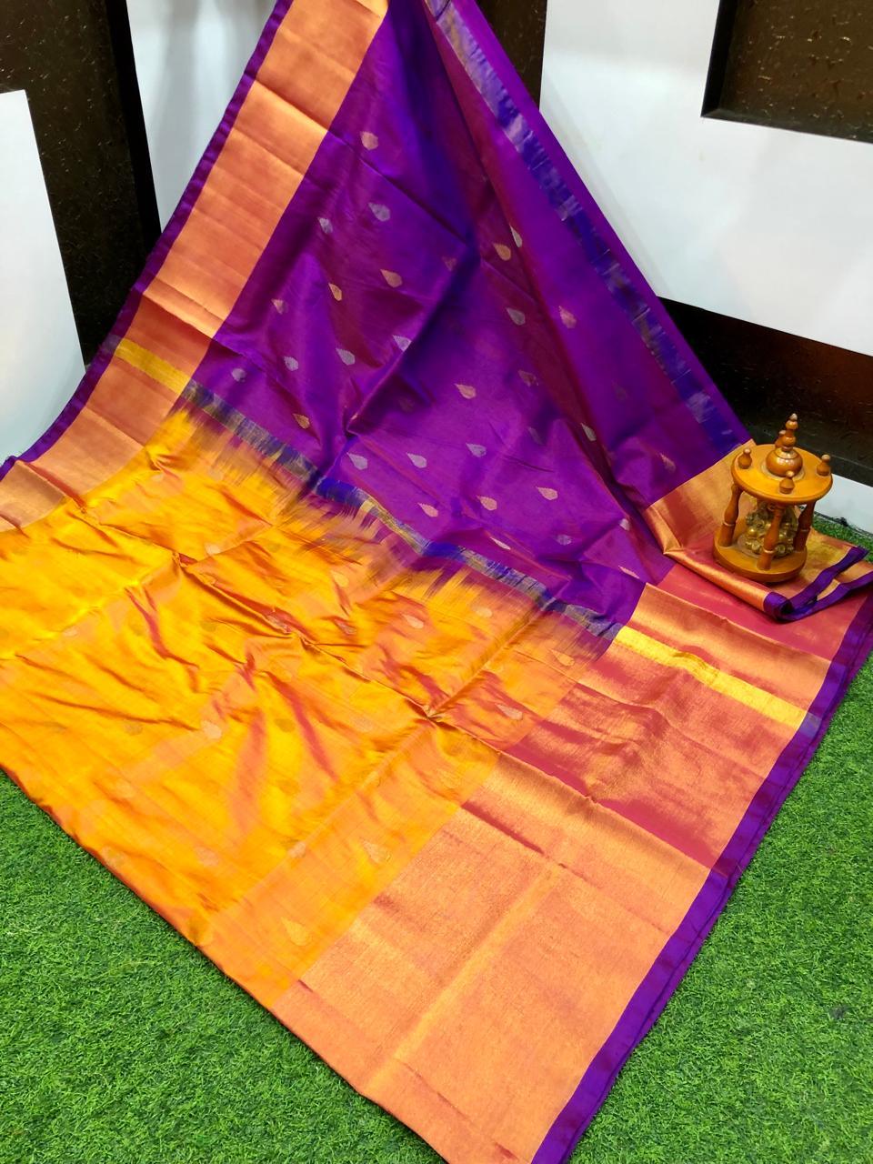 Exquisite Deep Purple & Golden Yellow Uppada Pattu Saree with Zari Motifs - pochampallysarees.com