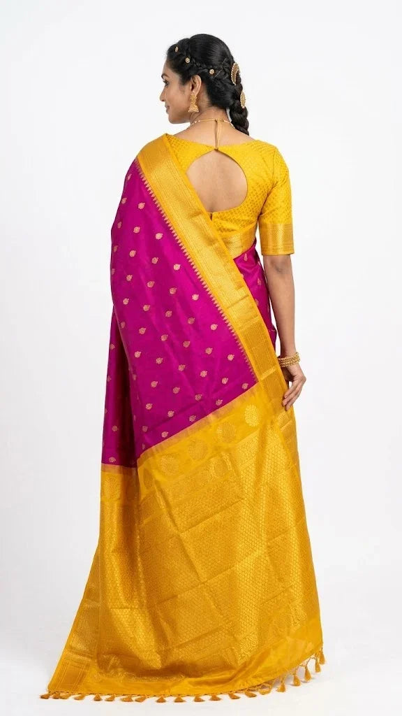 Pure Gadwal Silk Saree in Magenta and Mustard Yellow with Zari Border - pochampallysarees.com