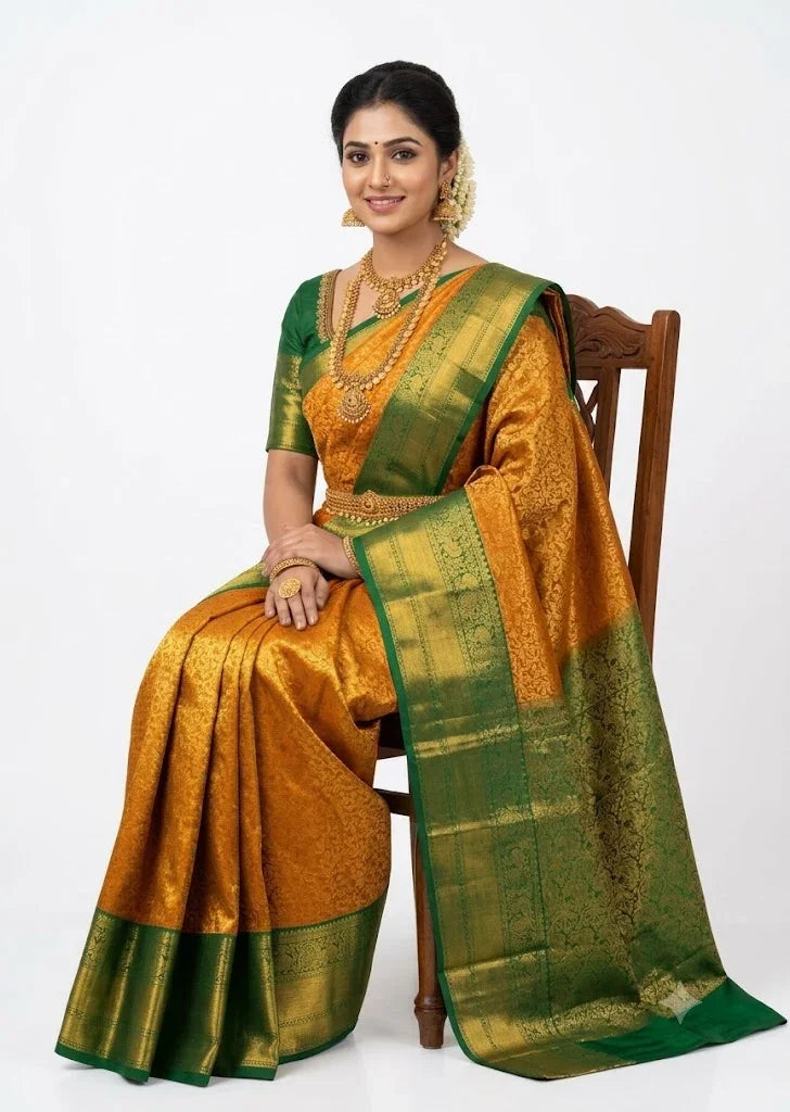Dharmavaram Pattu Silk Saree in Mustard Orange and Emerald Green - pochampallysarees.com