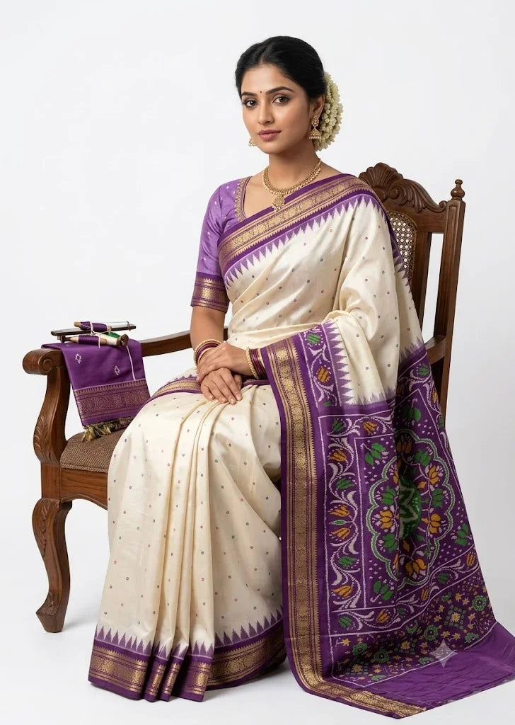 A traditional Indian woman sitting gracefully on a wooden chair, wearing an elegant cream silk saree with a vibrant lavender ikat-patterned pallu, gold zari border, and matching lavender blouse.