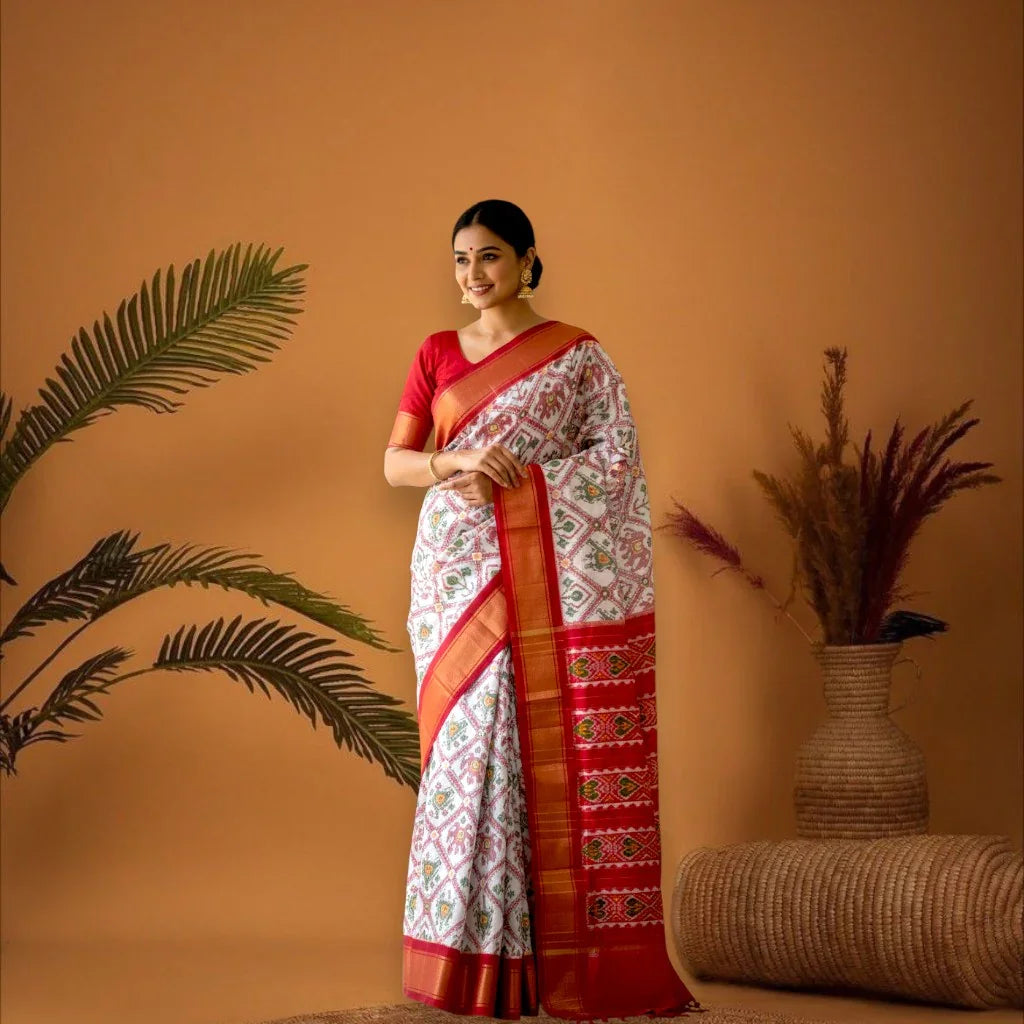 Flat layout view of a pure handloom cream Pochampally Ikkat silk saree with an elephant pattern grid body and a contrasting maroon zari pallu.