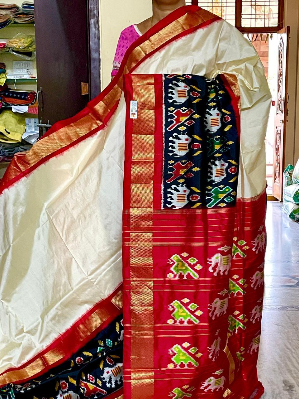 Cream Pochampally Ikat Silk Saree - pochampallysarees.com