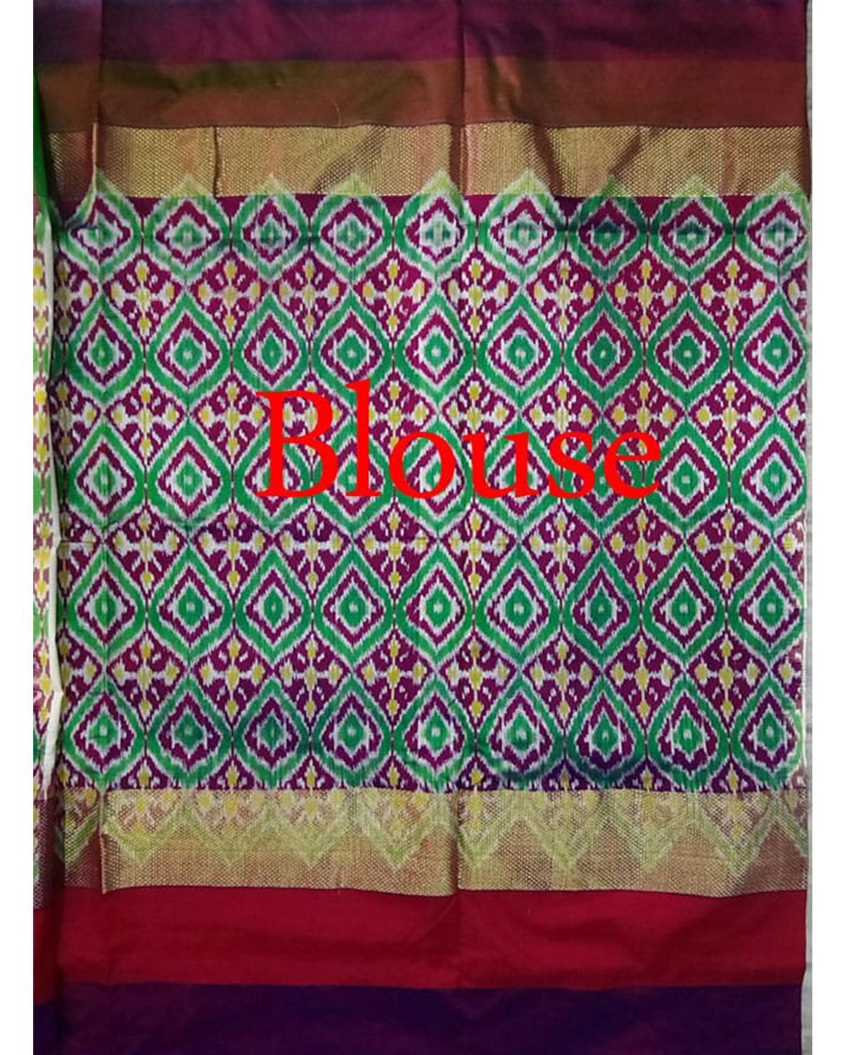CREAM WITH PURPLE AND GREEN COLOR SILK IKKAT SAREE - pochampallysarees.com