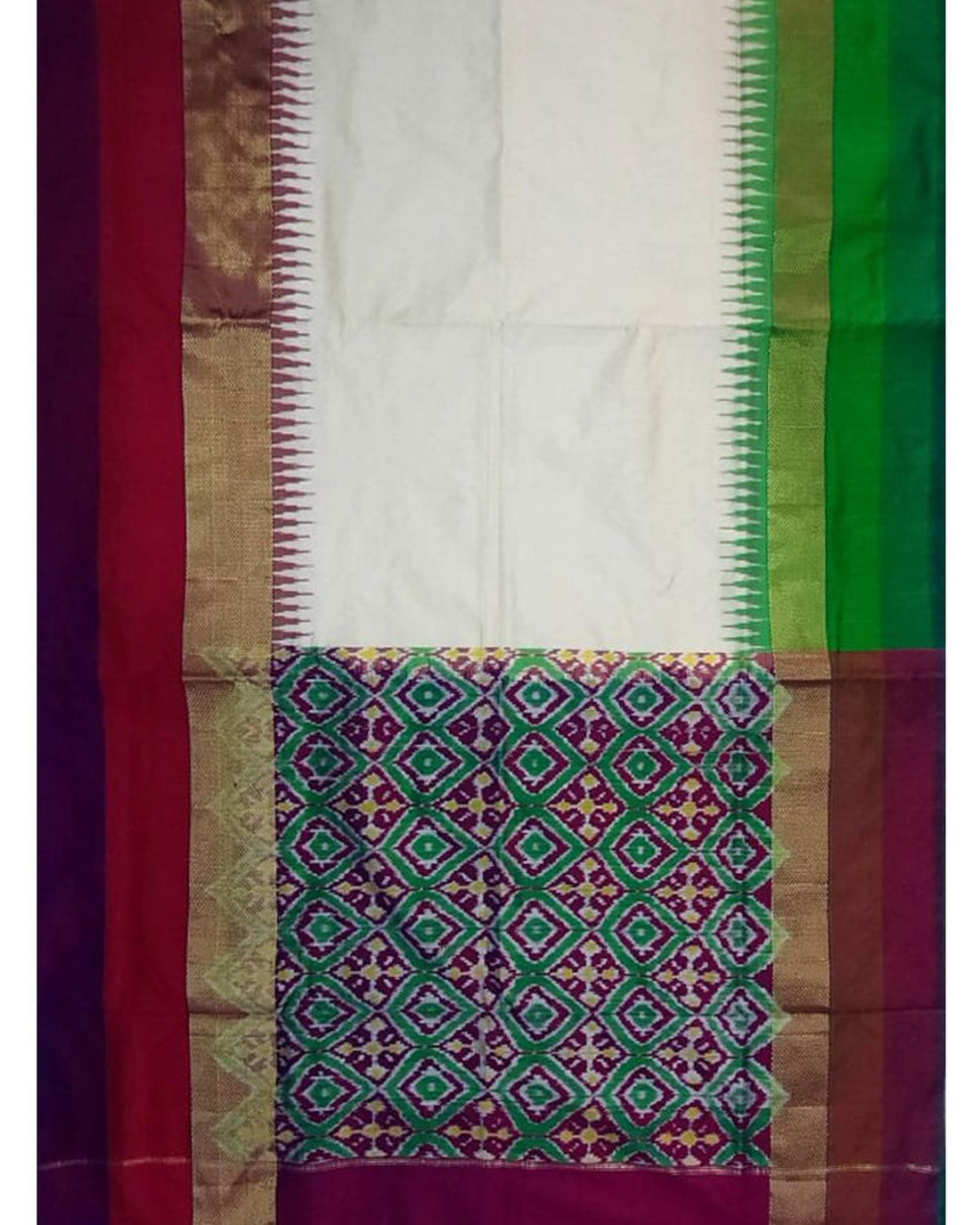 CREAM WITH PURPLE AND GREEN COLOR SILK IKKAT SAREE - pochampallysarees.com