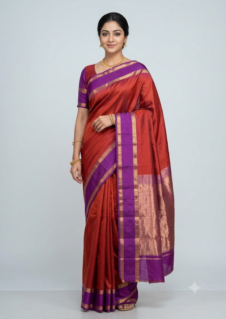 Traditional Indian woman standing in a full-length pose wearing a crimson red and royal purple Kanchi silk saree with gold zari border