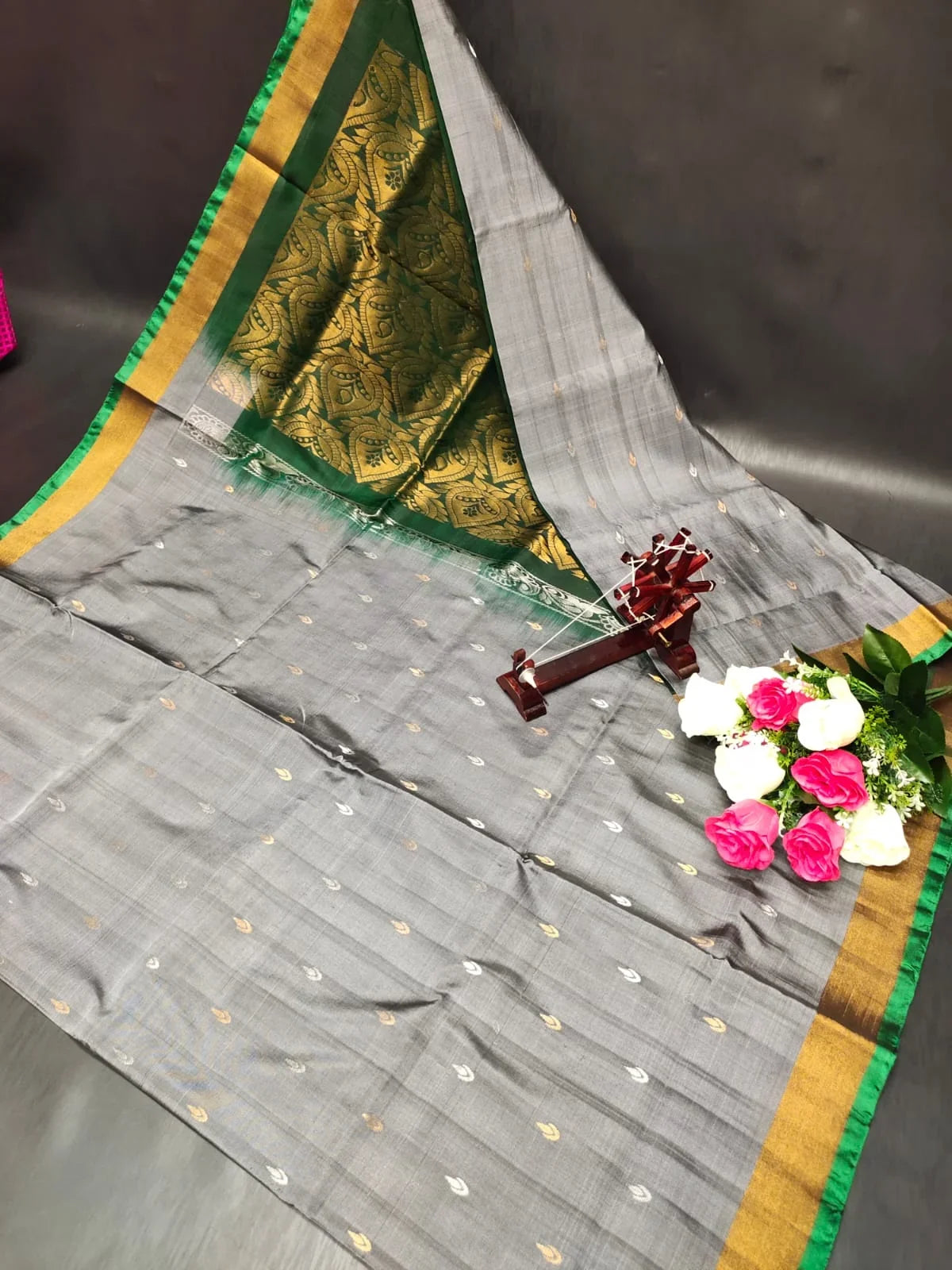 Elegant Grey and Dark Green Uppada Pattu Silk Saree with Zari Motifs - pochampallysarees.com