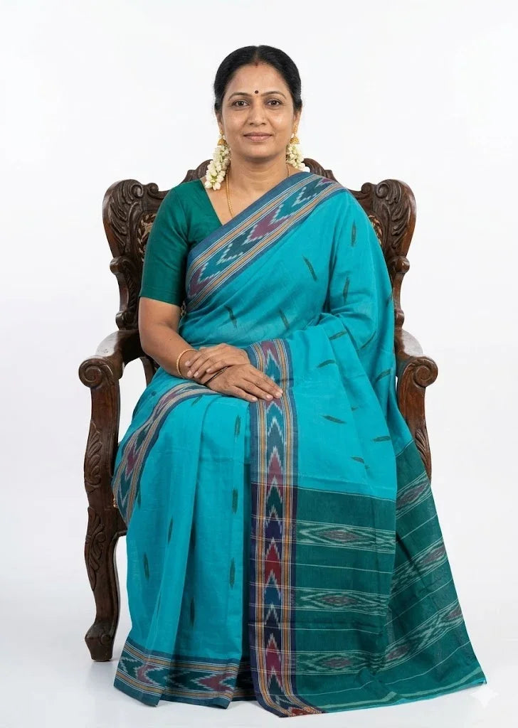 Vibrant Turquoise Blue Pochampally Ikat Cotton Saree - pochampallysarees.com