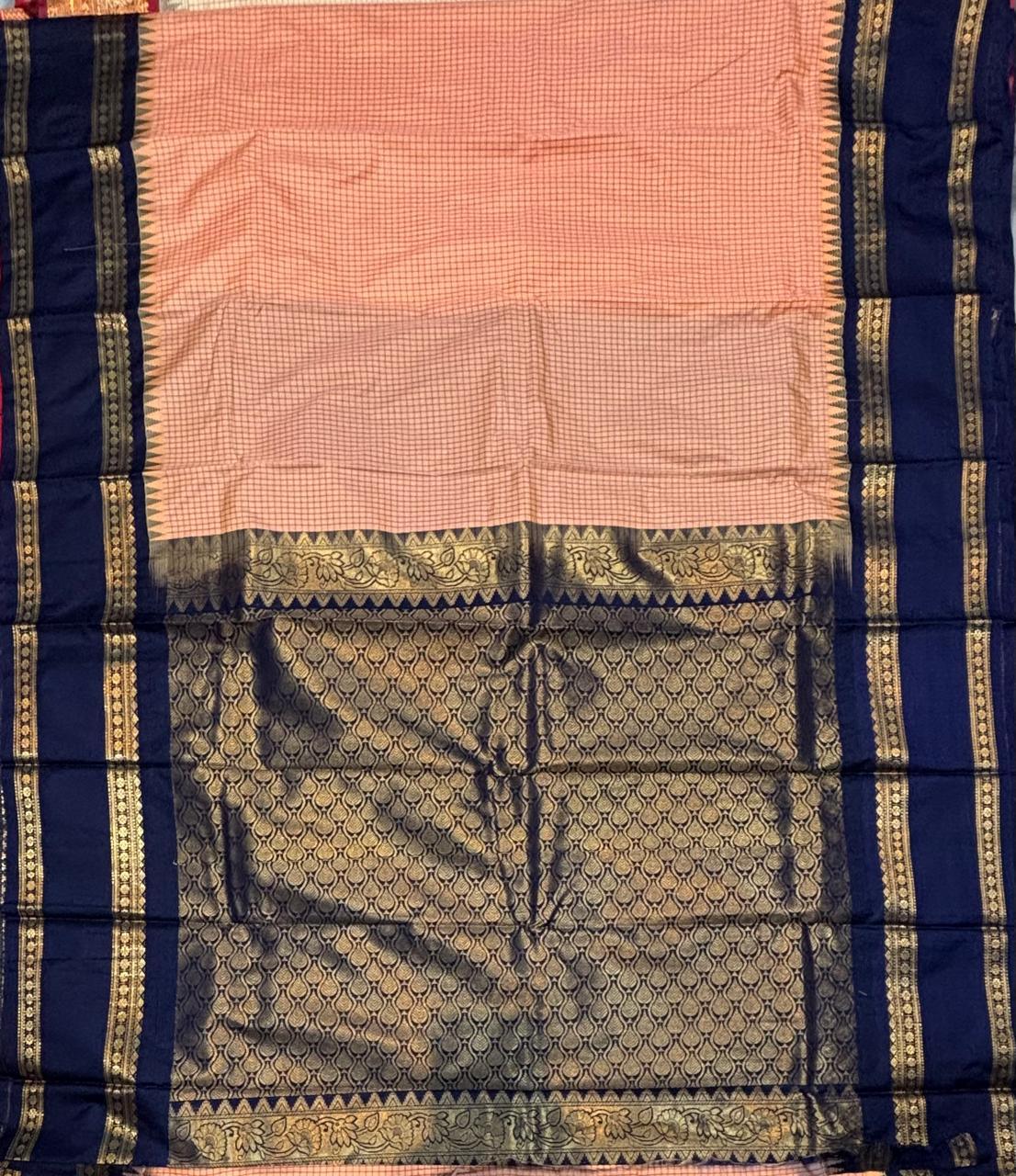 Light Pink Gadwal Silk Saree with Navy Blue Kuttu Border - pochampallysarees.com