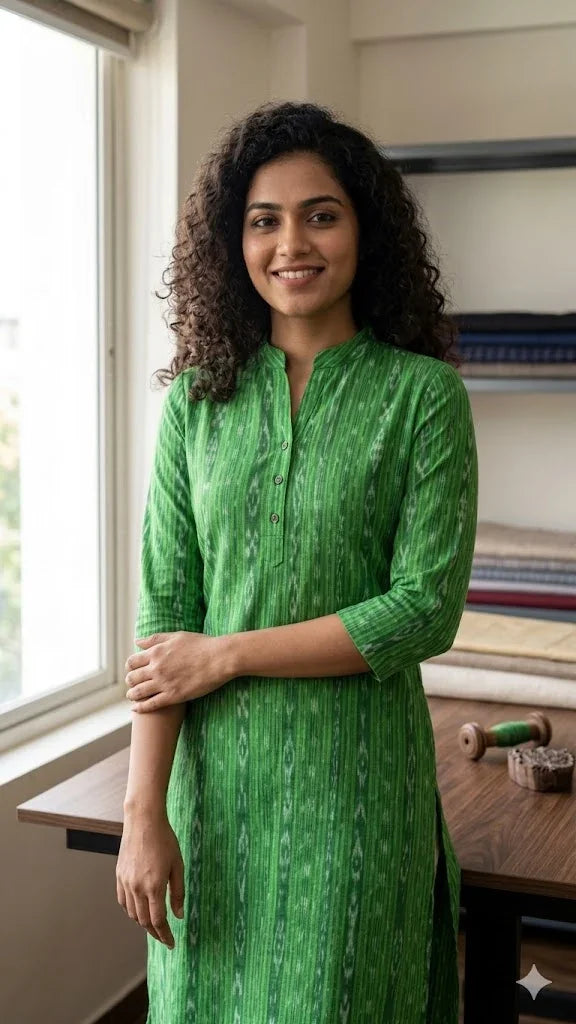 Premium Green Sambalpuri Ikat Unstitched Handloom Fabric - pochampallysarees.com
