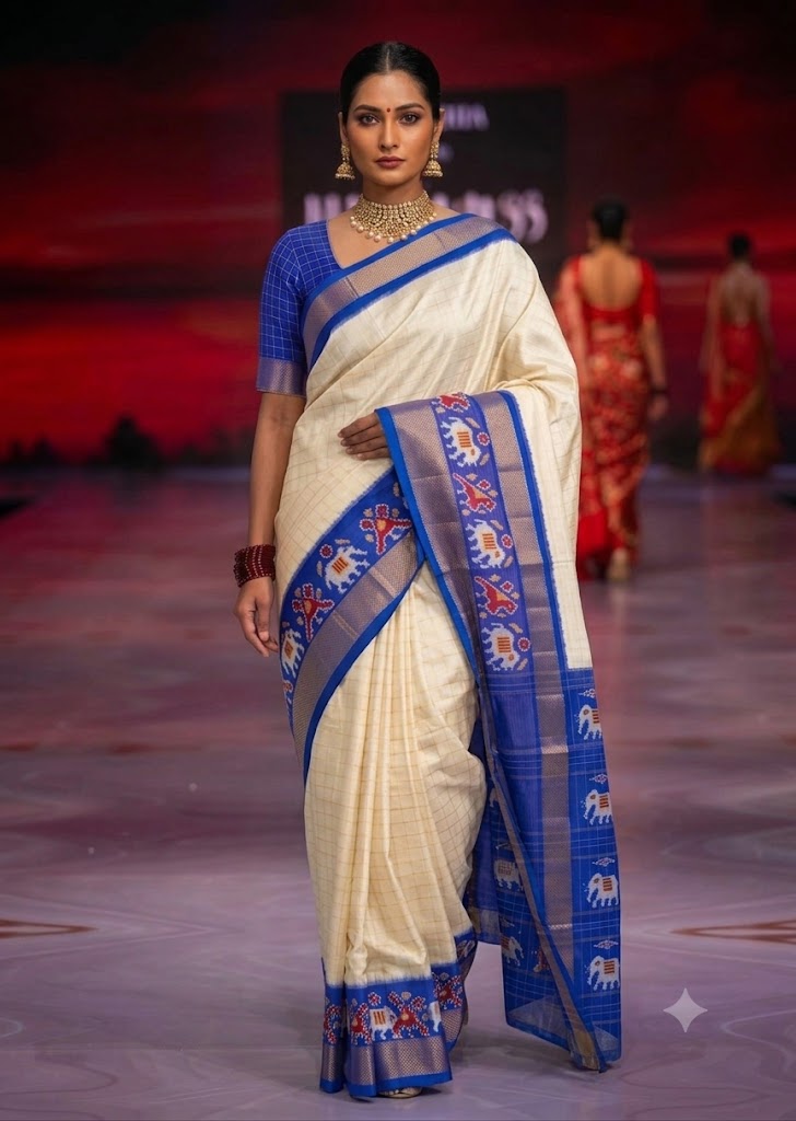 Ikkat Silk Designer Off-White & Royal Blue with Checked Blouse Saree