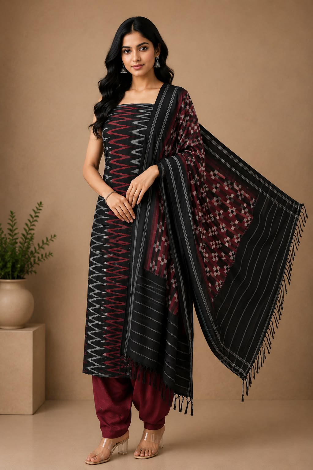 Handwoven Black & Maroon Double Ikat Cotton Unstitched Dress Material Set