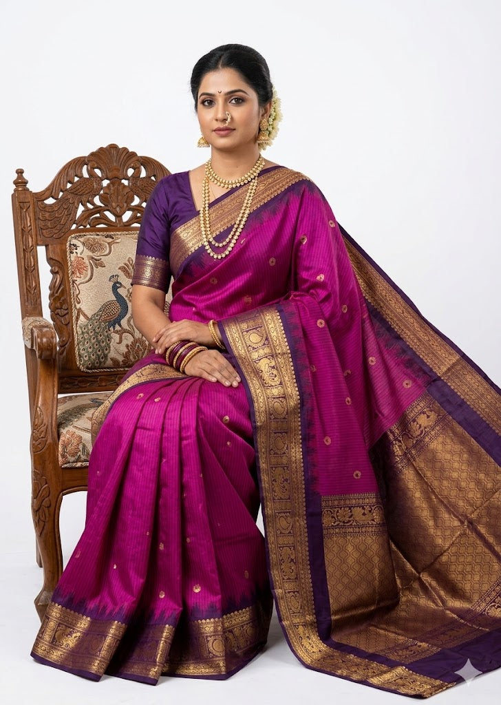 Authentic Magenta Pink Gadwal Silk Saree with Rich Purple Border