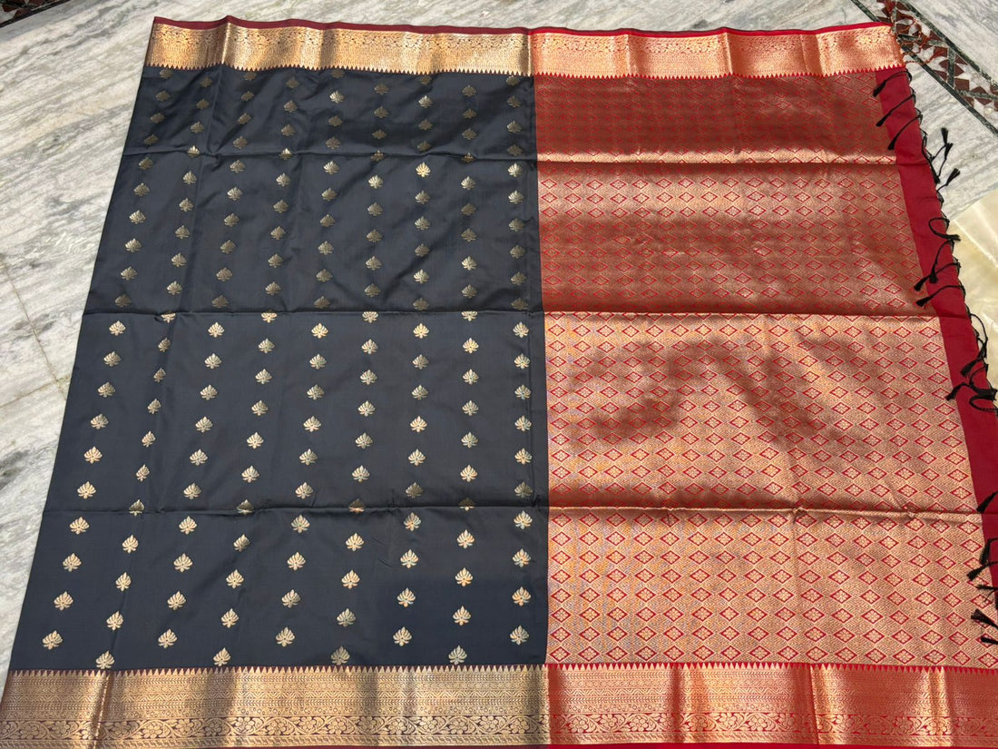 Pure Darmavaram Silk Saree - Elegant Charcoal Gray and Red Zari Brocade - pochampallysarees.com