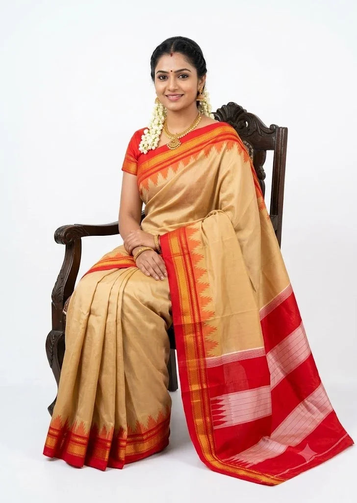 Beige Gadwal Silk Saree with Traditional Red Temple Zari Border - pochampallysarees.com