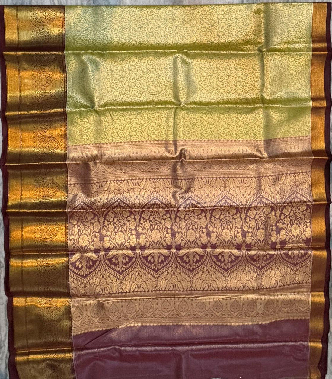 Dharmavaram Pattu Silk Saree – Mustard Yellow & Chocolate Brown