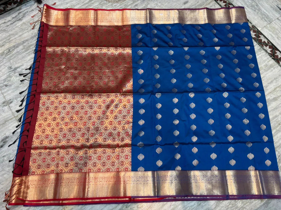 Pure Dharmavaram Silk Saree - Royal Blue & Maroon with Zari Work - pochampallysarees.com