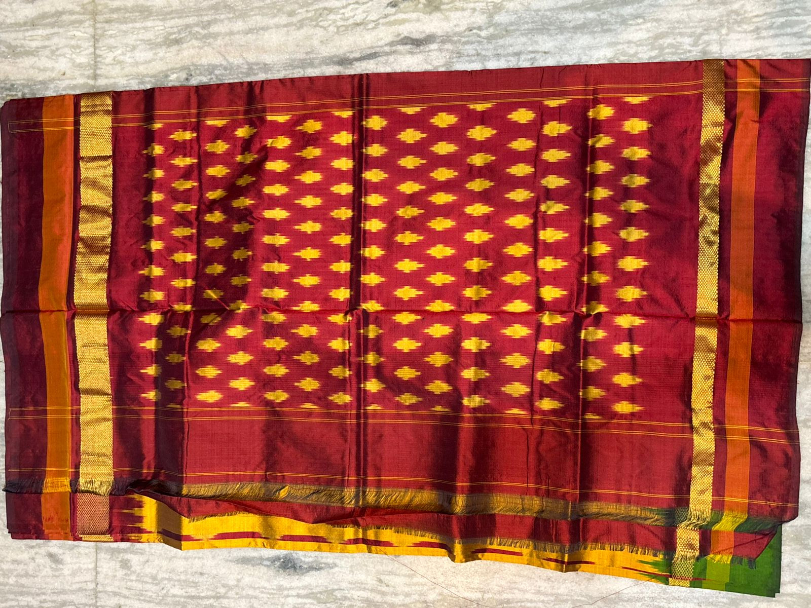 Authentic Pure Ikkat Silk Saree - Mustard Yellow & Maroon with Zari Temple Border