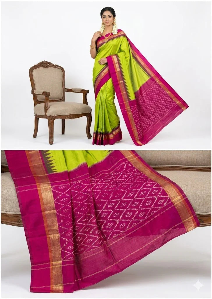 Pure Ikkat Silk Saree in Bright Lime Green & Magenta Pink | Handwoven Pochampally Saree - pochampallysarees.com
