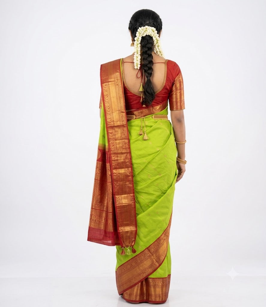 Pure Gadwal Silk Handloom Saree in Lime Green & Maroon zari Border - pochampallysarees.com