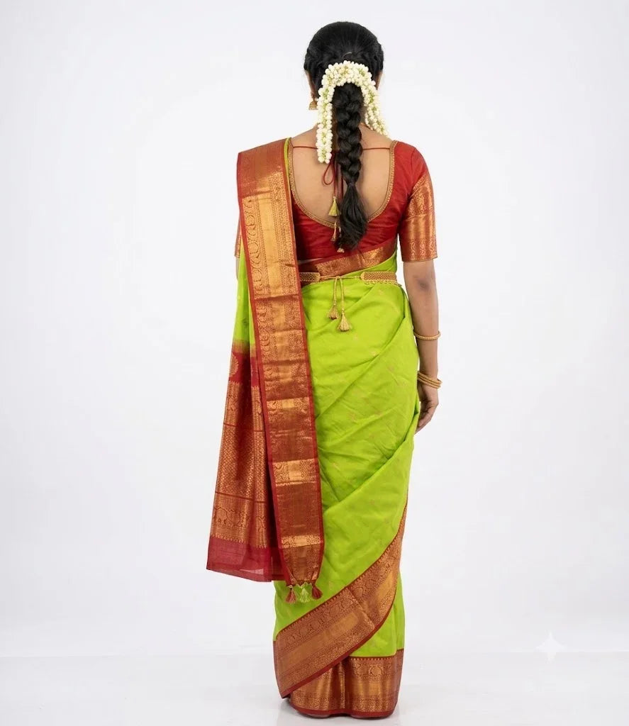 Pure Gadwal Silk Handloom Saree in Lime Green & Maroon zari Border - pochampallysarees.com