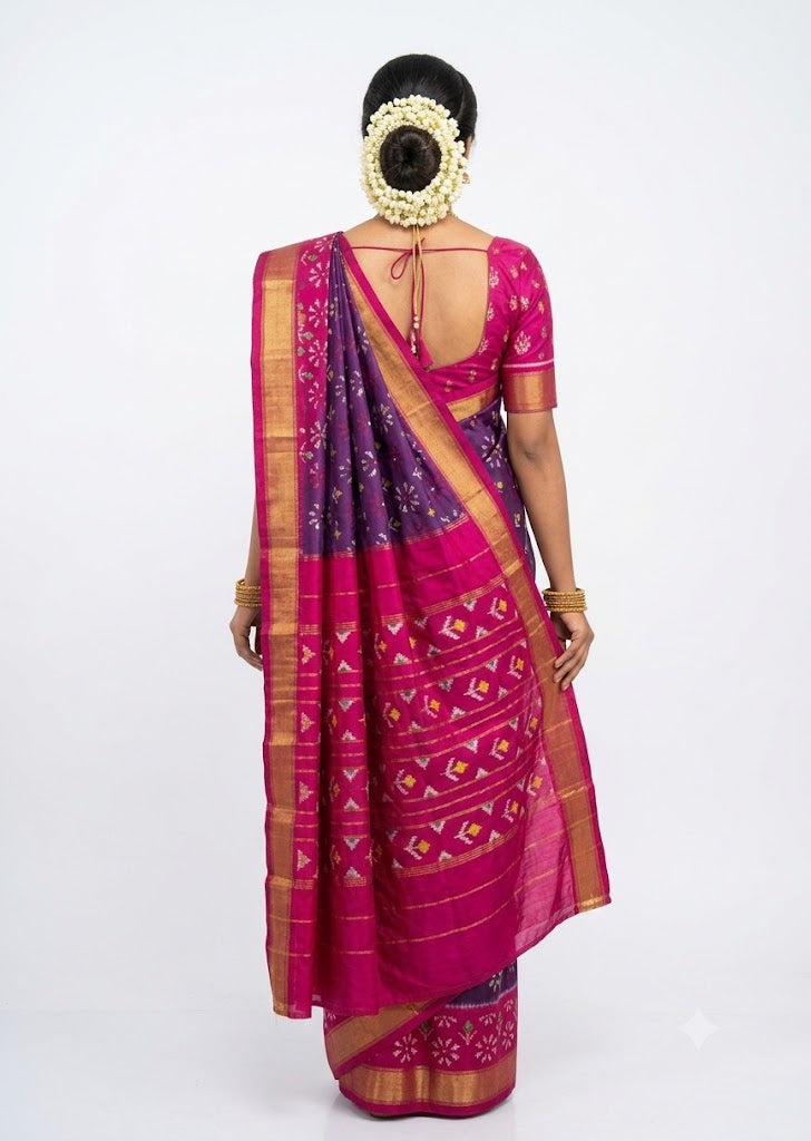 Regal Deep Purple & Pink Ikat Silk Saree with Rich Gold Zari