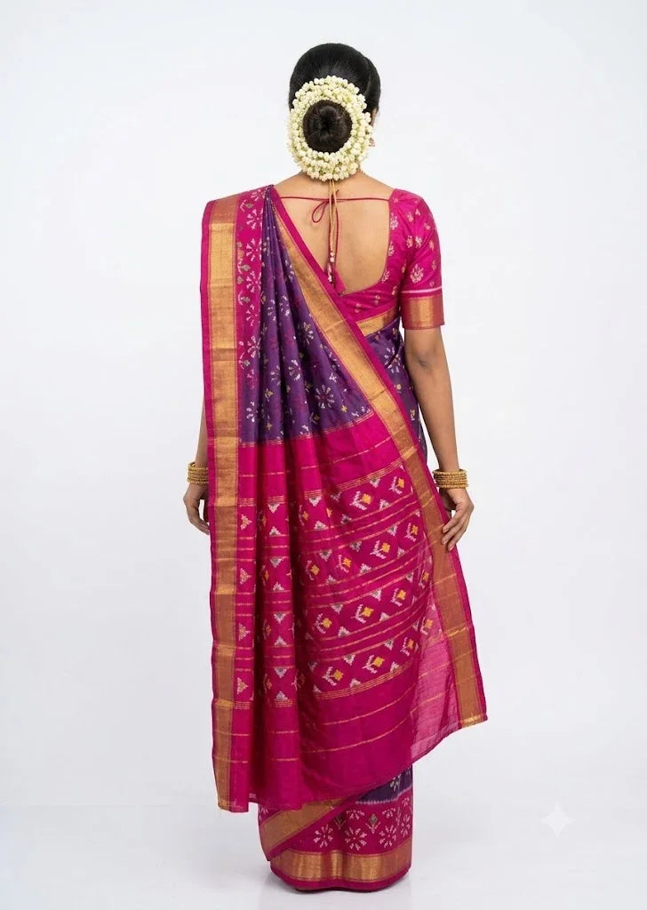 Regal Deep Purple & Pink Ikat Silk Saree with Rich Gold Zari - pochampallysarees.com