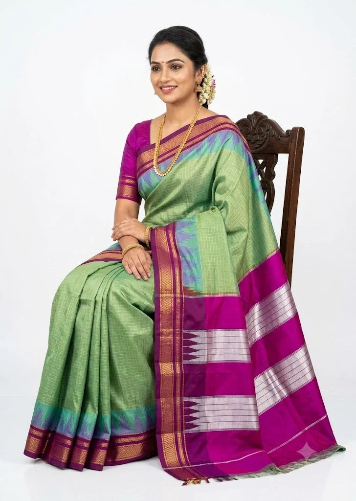 Olive Green Gadwal Silk Saree with Magenta Pink Pallu & Silver Temple Border - pochampallysarees.com