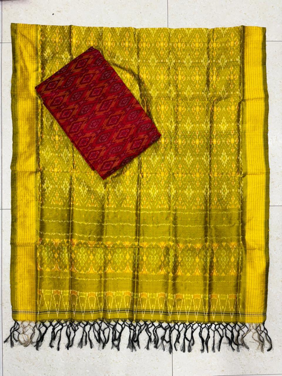 Latest Ikkat Silk Dress Material: Yellow & Red Pochampally Salwar Suit - pochampallysarees.com