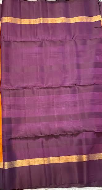 Traditional Orange and Purple Silk Saree with Gold Zari Border and Checks
