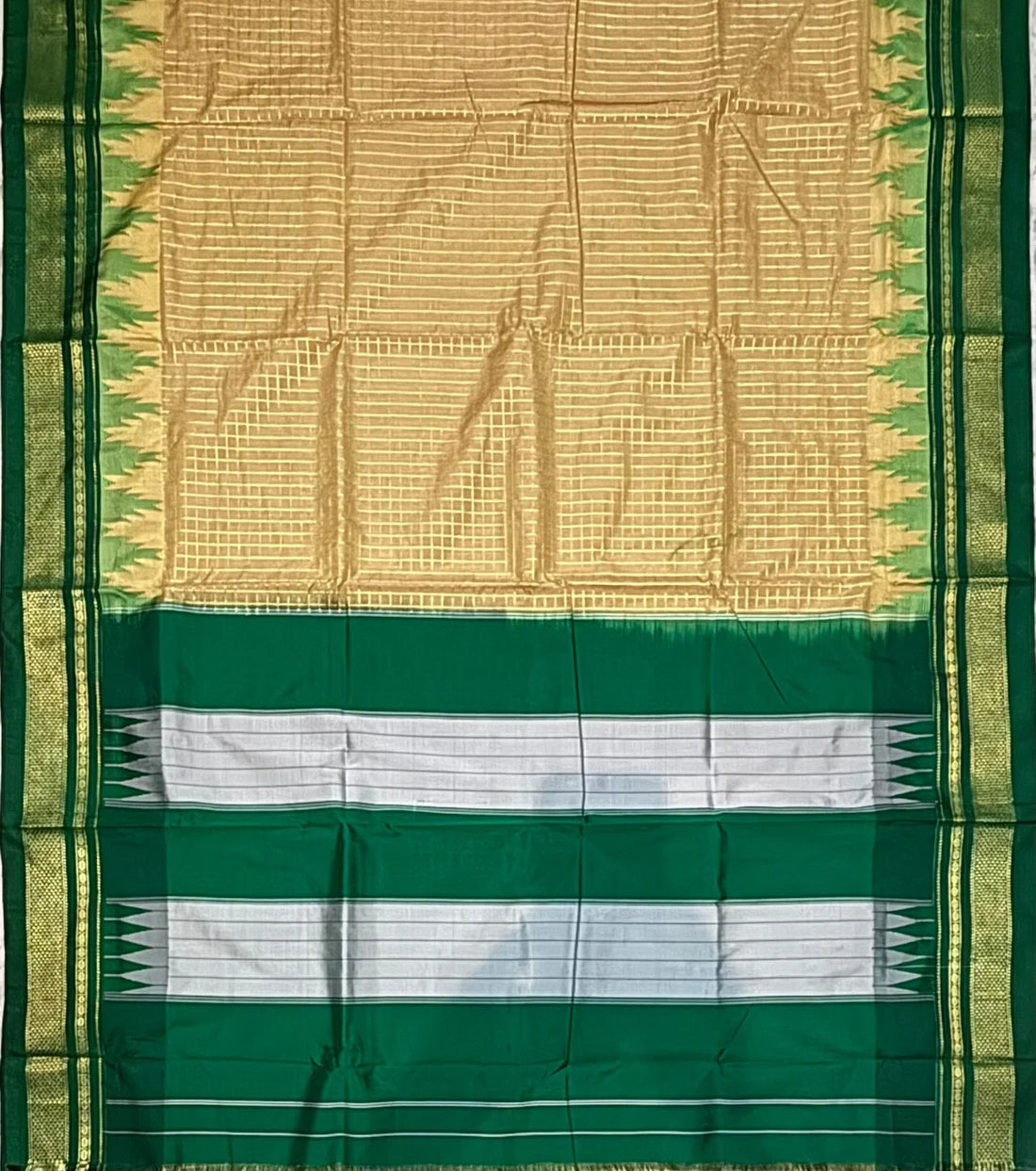 Gadwal Cream & Green Woven Check Saree with Temple Border - pochampallysarees.com