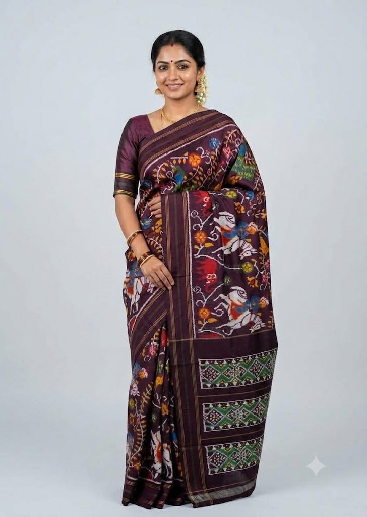 A beautiful traditional Indian woman wearing a deep plum handloom ikat silk saree featuring white and colorful animal motifs.