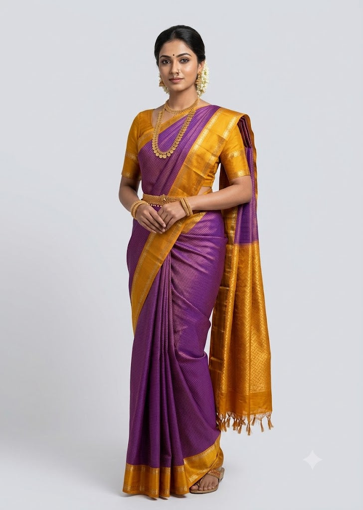 A full-length photograph of a woman wearing a traditional deep purple Kanchipuram silk saree with a decorative wide gold zari border and pallu, adorned with traditional Indian gold jewelry.